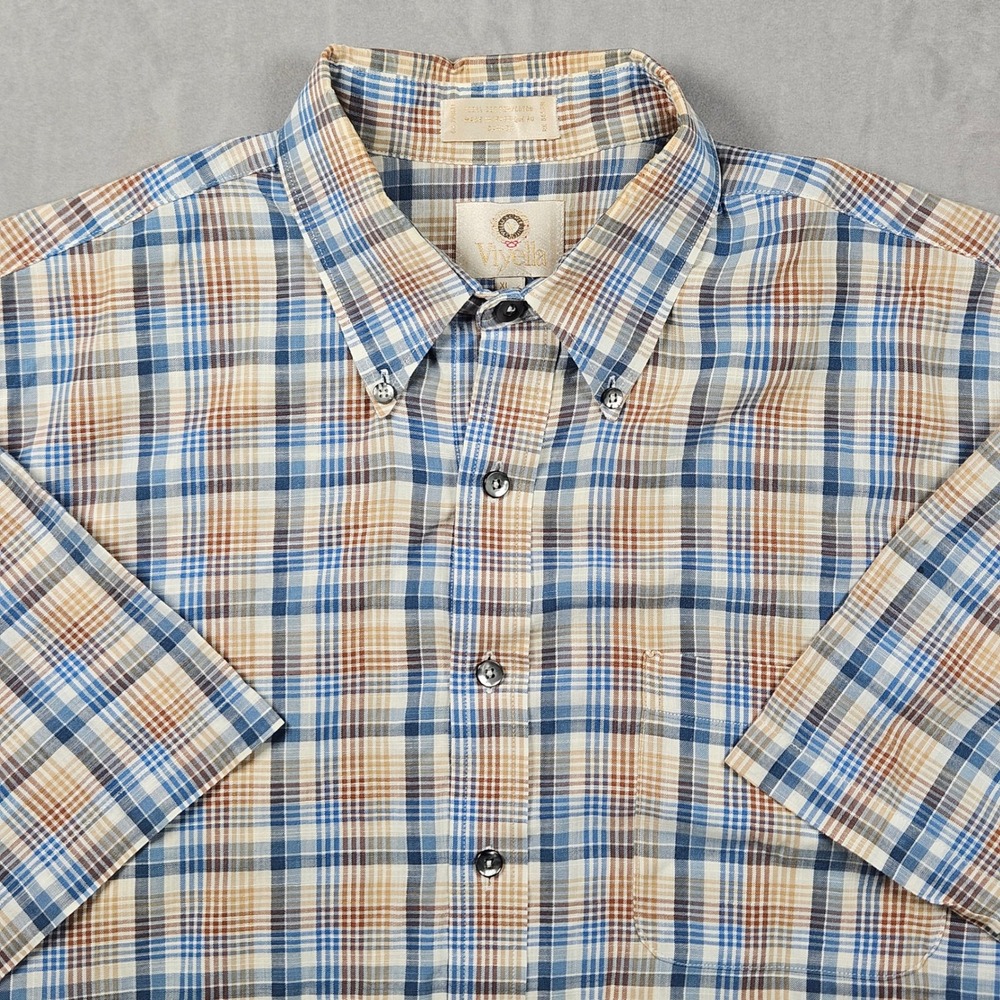 Vintage Viyella Shirt Mens XL Blue Tan Plaid Short Sleeve Button Down Pocket